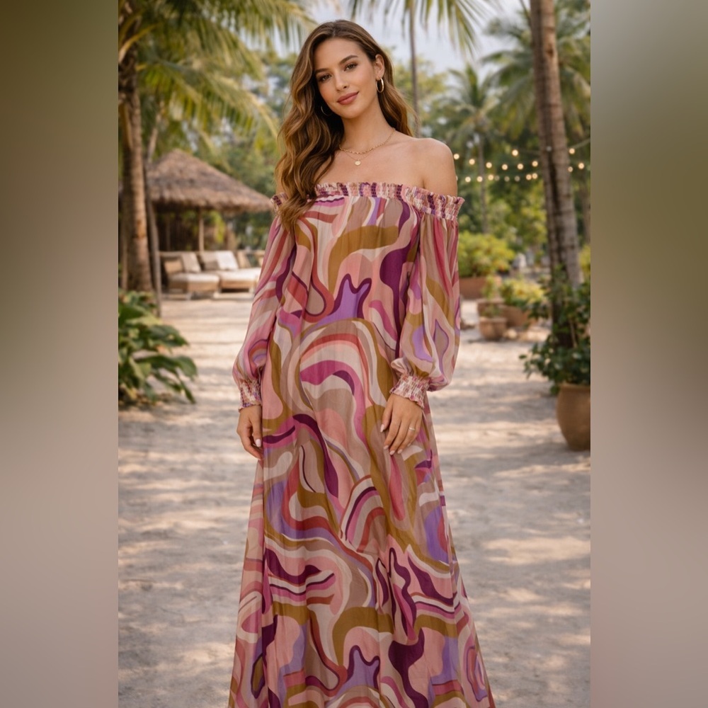 Joyce & Girls Coconut Cotton Silk Off The Shoulder Long Sleeve Maxi Dress M